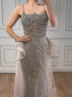 Luxury Caramel Crystal Beaded Spaghetti Strap Mermaid Evening Dress LA72810A