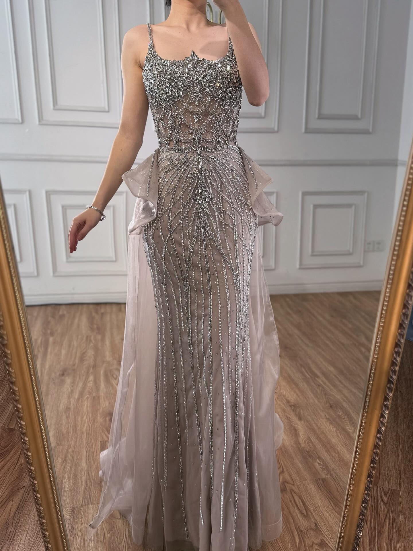 Luxury Caramel Crystal Beaded Spaghetti Strap Mermaid Evening Dress LA72810A