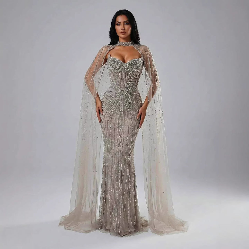 Luxury Dubai Caramel Beaded Evening Dress With Cape LA72811C