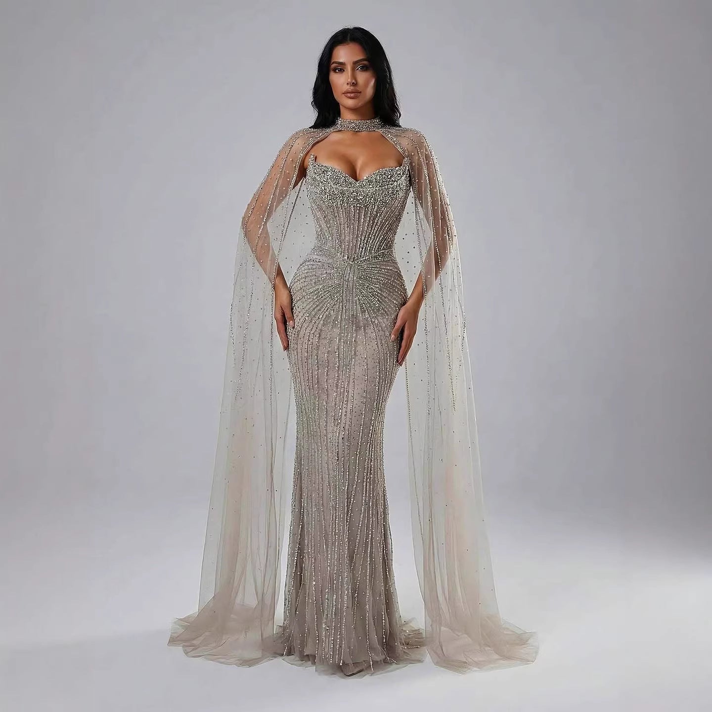 Luxury Dubai Caramel Beaded Evening Dress With Cape LA72811C