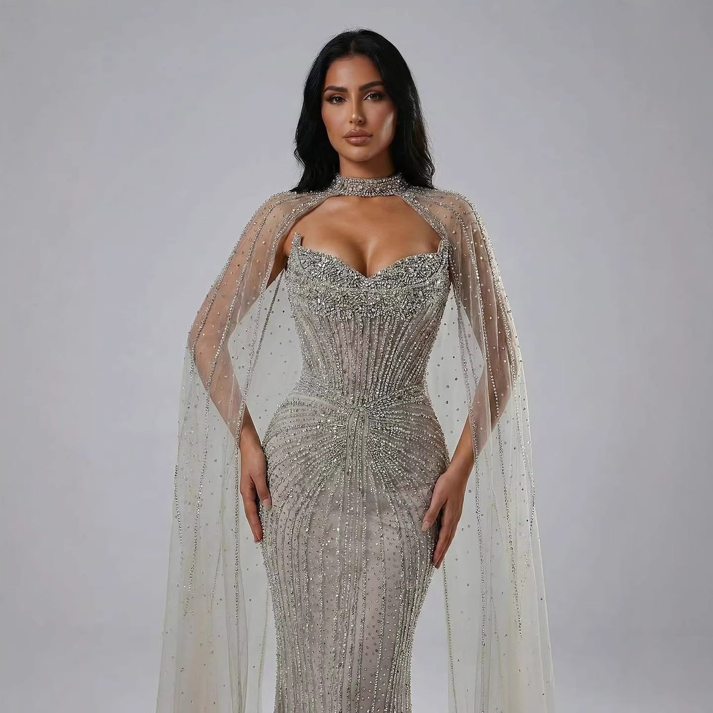 Luxury Dubai Caramel Beaded Evening Dress With Cape LA72811C