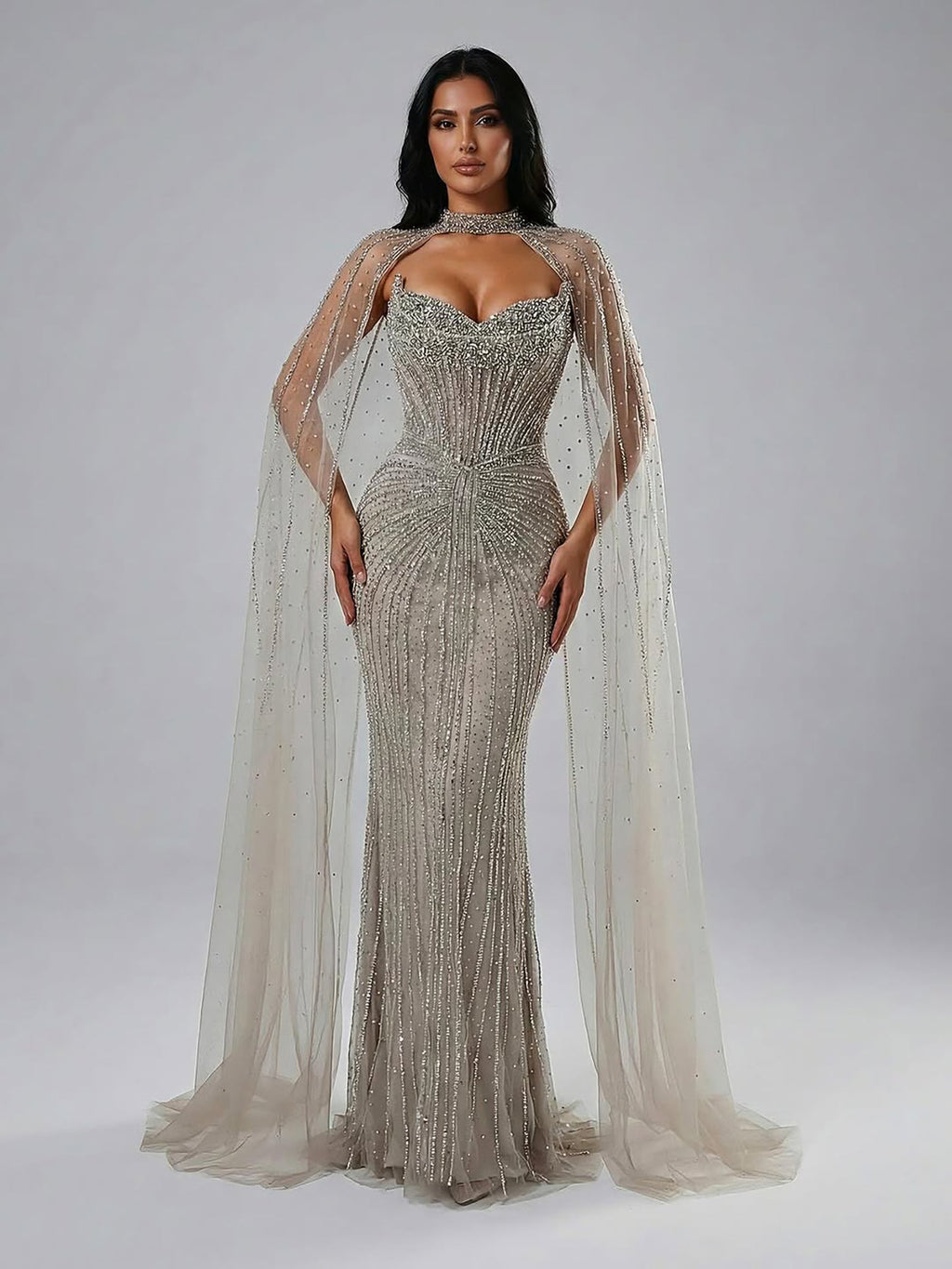 Luxury Dubai Caramel Beaded Evening Dress With Cape LA72811C