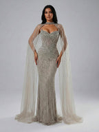 Luxury Dubai Caramel Beaded Evening Dress With Cape LA72811C