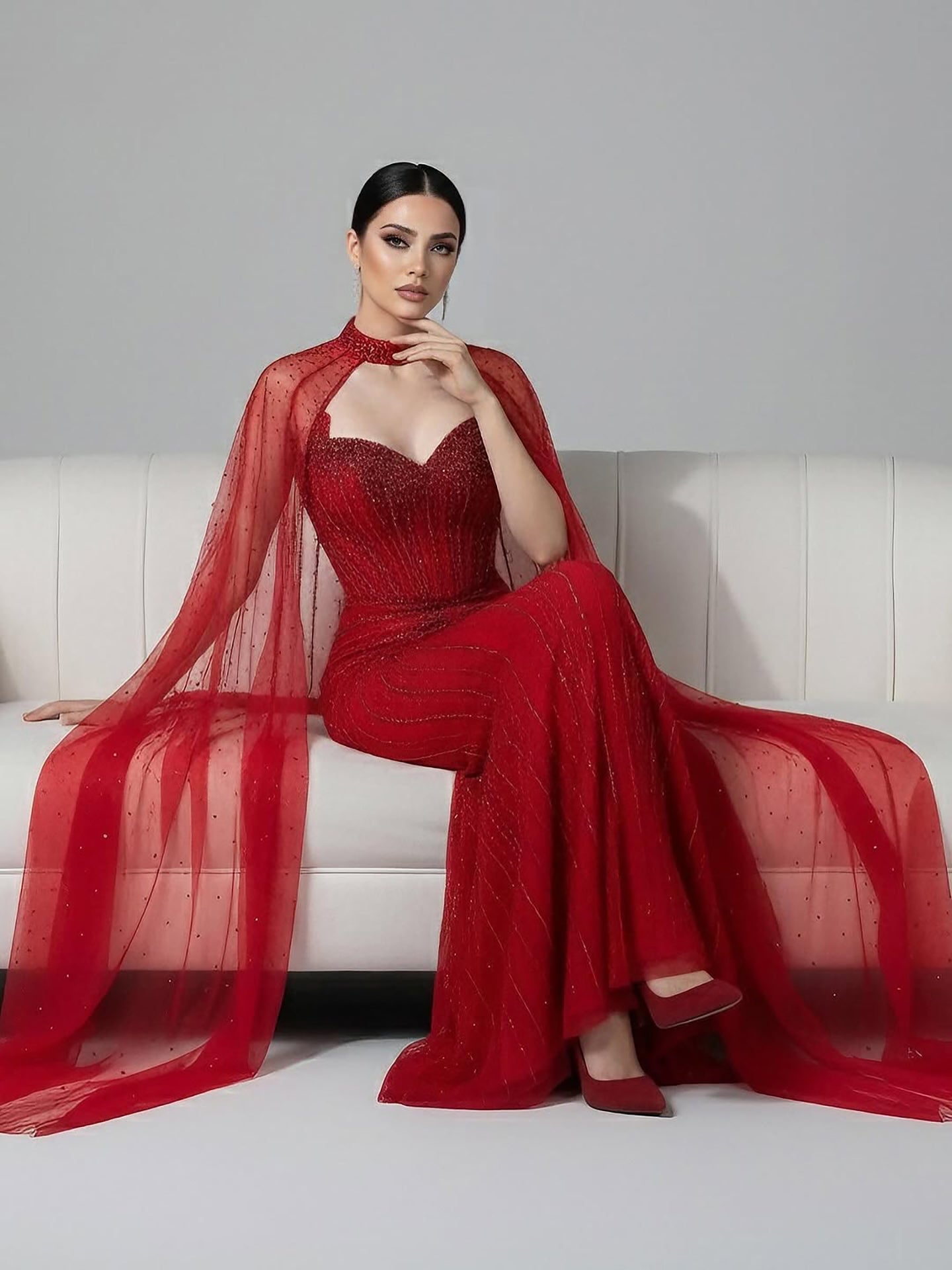 Luxury Dubai Caramel Beaded Evening Dress With Cape LA72811C