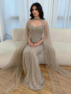 Luxury Dubai Caramel Beaded Evening Dress With Cape LA72811C