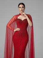 Luxury Dubai Caramel Beaded Evening Dress With Cape LA72811C