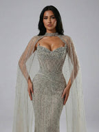 Luxury Dubai Caramel Beaded Evening Dress With Cape LA72811C