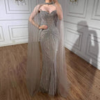 Luxury Dubai Caramel Beaded Evening Dress With Cape LA72811C