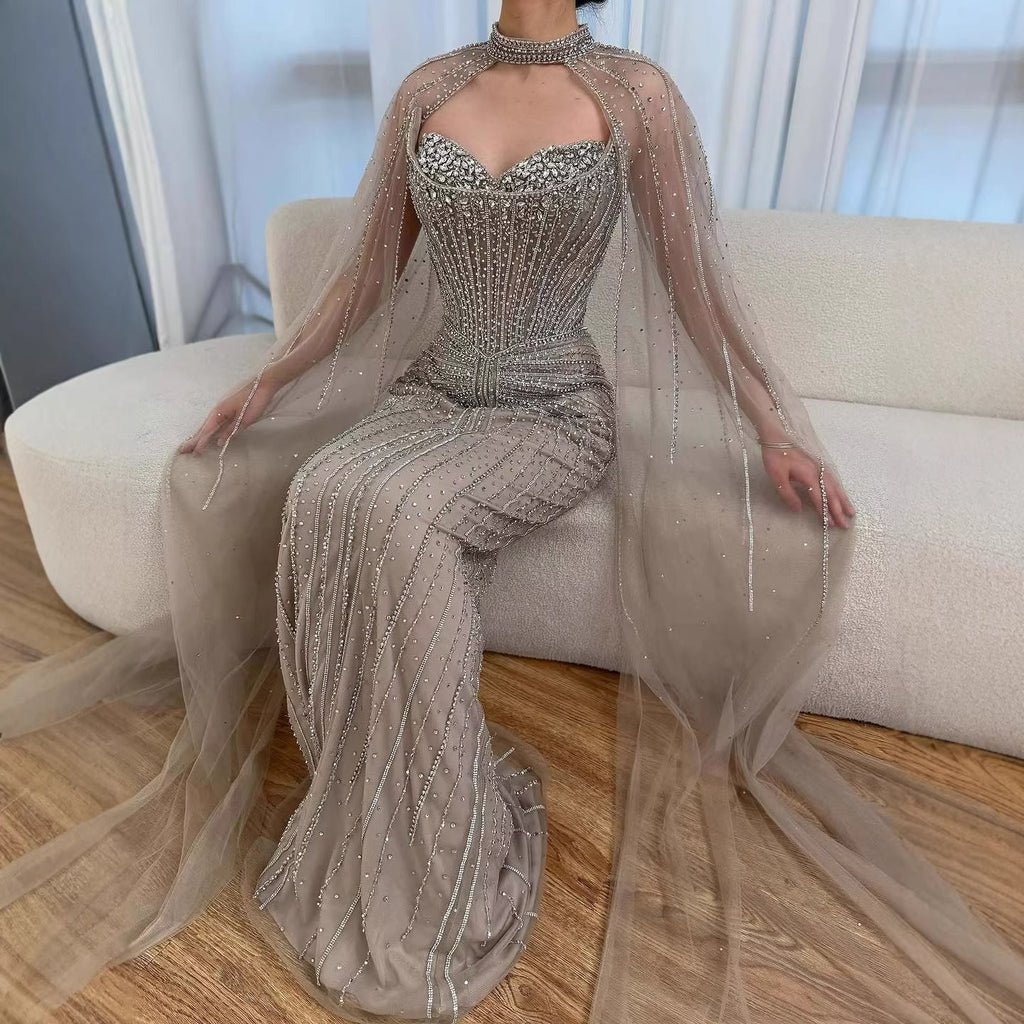 Luxury Dubai Caramel Beaded Evening Dress With Cape LA72811C