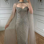 Luxury Dubai Caramel Beaded Evening Dress With Cape LA72811C