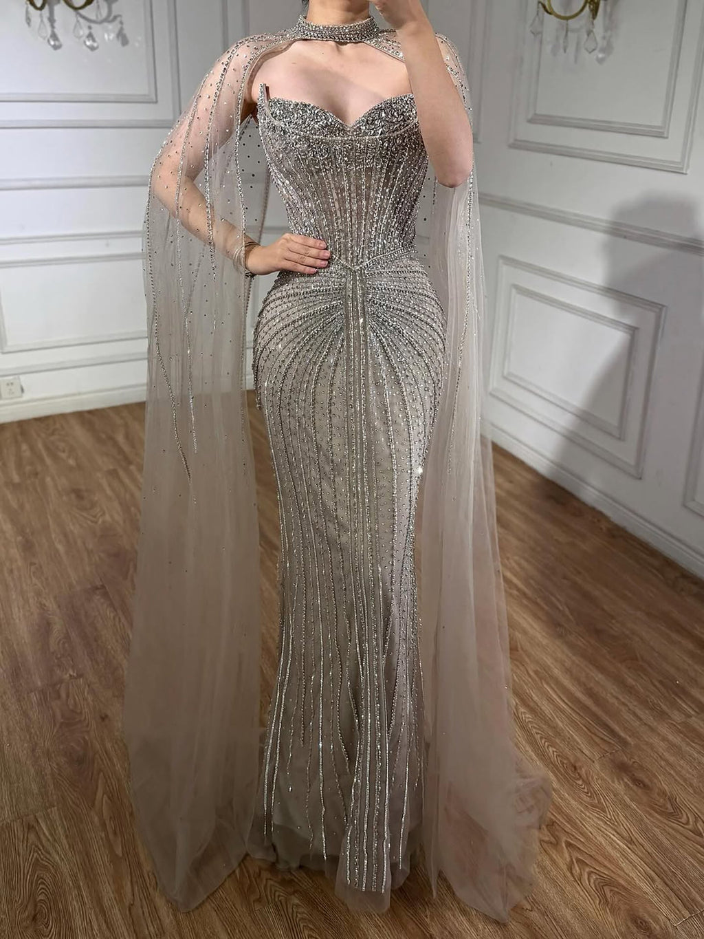 Luxury Dubai Caramel Beaded Evening Dress With Cape LA72811C