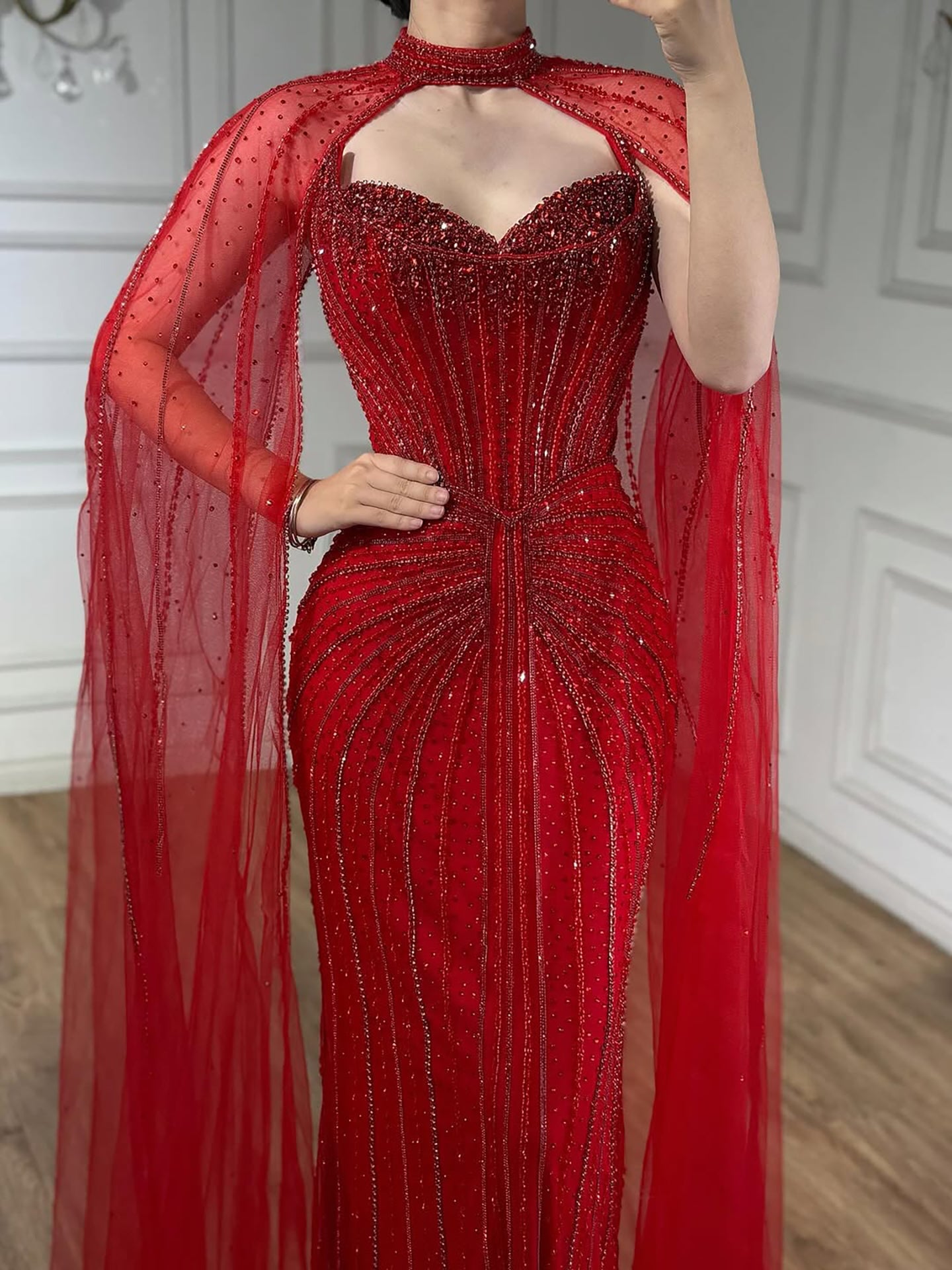 Luxury Dubai Caramel Beaded Evening Dress With Cape LA72811C