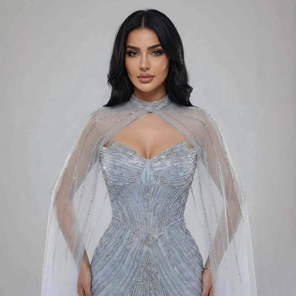Vestido de Noite de Sereia em Nude de Luxo com Mangas de Capa LA73118