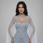 Vestido de Noite de Sereia em Nude de Luxo com Mangas de Capa LA73118