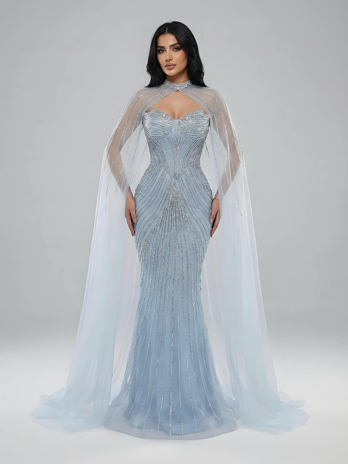 Vestido de Noite de Sereia em Nude de Luxo com Mangas de Capa LA73118