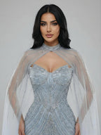 Vestido de Noite de Sereia em Nude de Luxo com Mangas de Capa LA73118