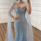 Vestido de Noite de Sereia em Nude de Luxo com Mangas de Capa LA73118