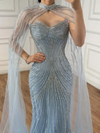 Vestido de Noite de Sereia em Nude de Luxo com Mangas de Capa LA73118