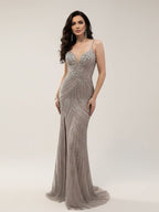 Luxury Nude Beaded High Slit Mermaid Evening Dress LA73340