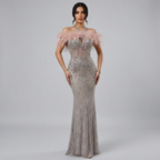 Luxury Nude Halter Feather Crystal Evening Dress LA73349