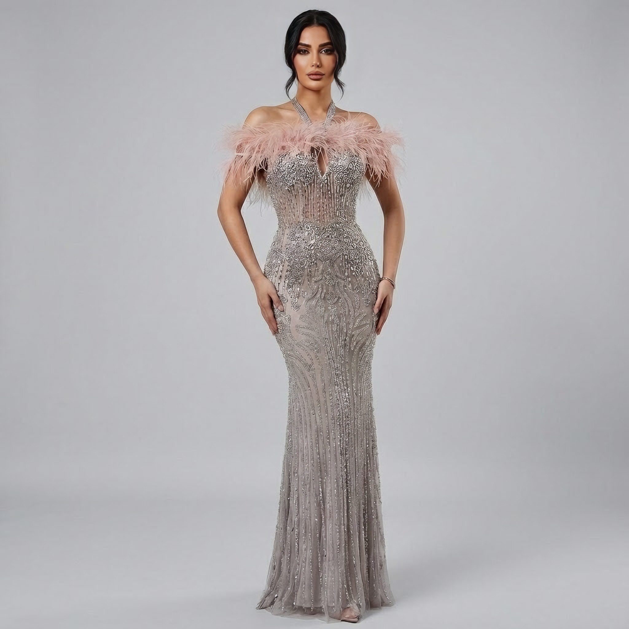 Luxury Nude Halter Feather Crystal Evening Dress LA73349