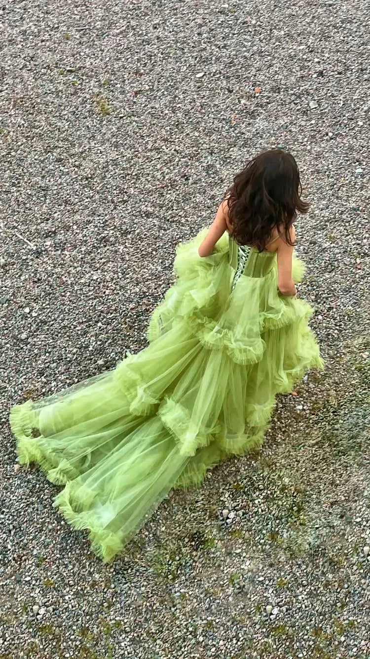 Abiti lunghi da sera in tulle verde, abiti formali da sera a linea ad A Y2029
