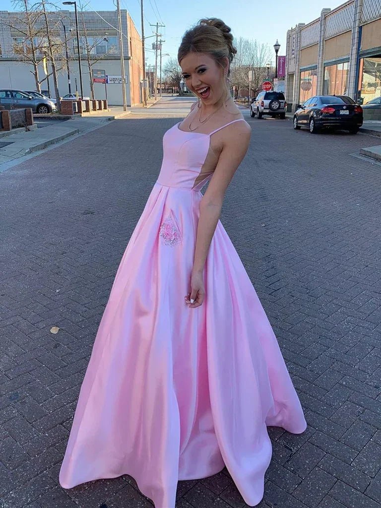 Vestido de Cetim Rosa para Baile com Bolsos, Vestidos Formais Longos de Cetim Rosa para Noite Y237