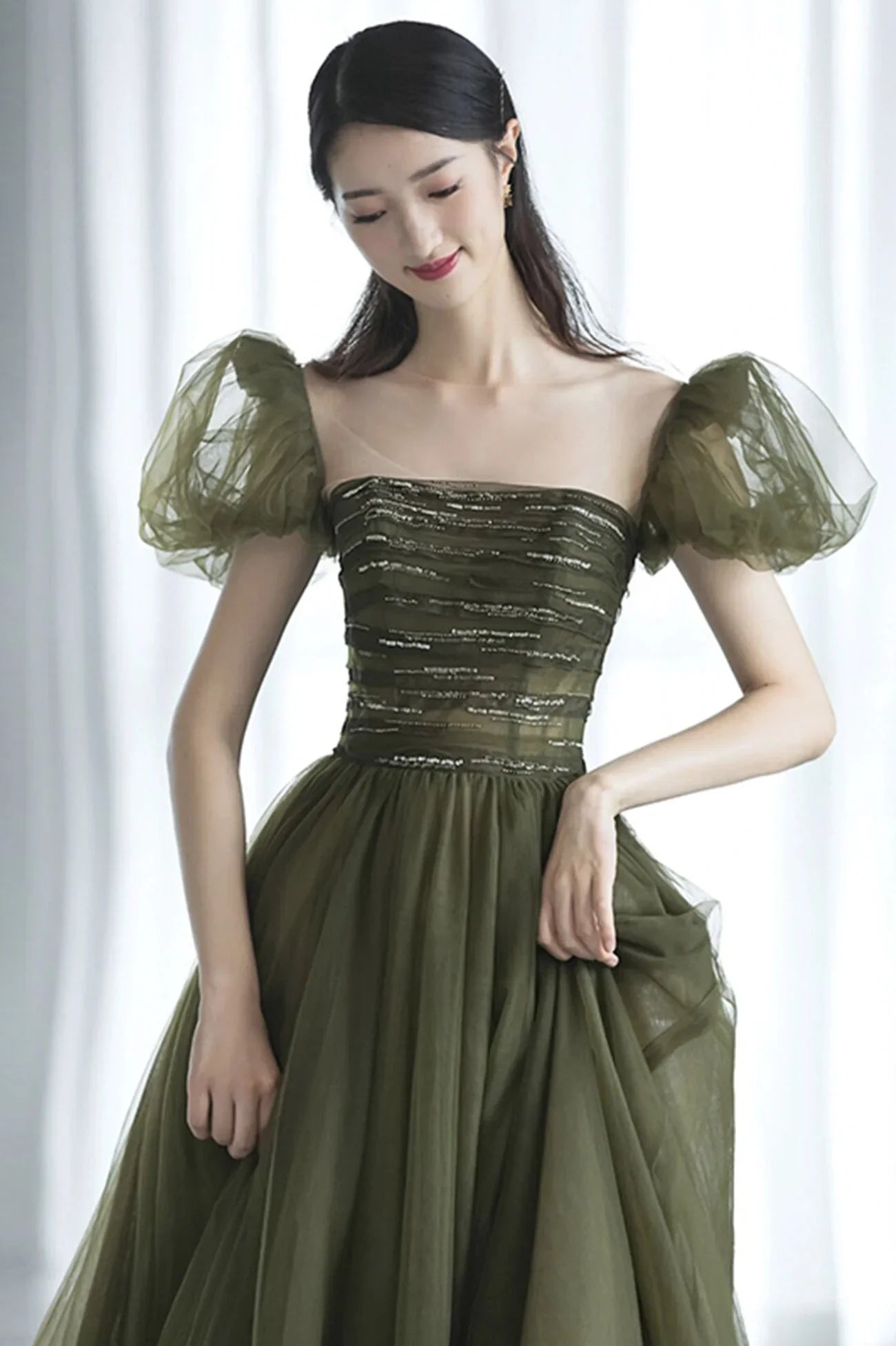Abito lungo da sera in tulle verde abito da ballo verde Y623