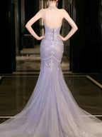 Splendido Abito da Sera a Sirena in Tulle Lilla con Perline per Matrimonio e Ballo Y8057