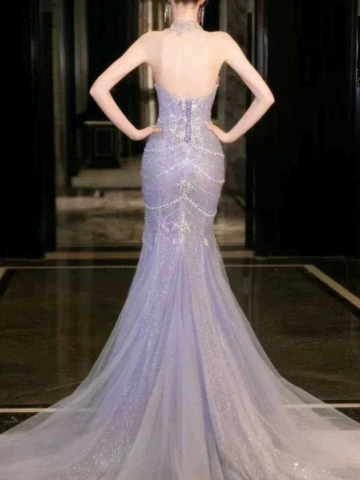 Splendido Abito da Sera a Sirena in Tulle Lilla con Perline per Matrimonio e Ballo Y8057