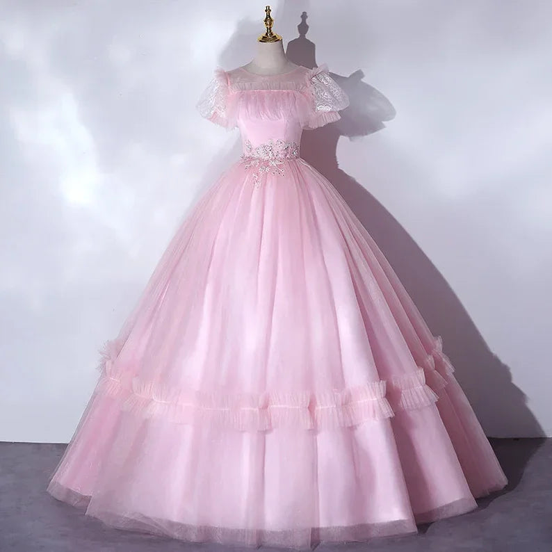 Hermosos Vestidos Rosados para Quinceañera con Mangas Abullonadas de Lujo Vestido Clásico Plisado para Fiesta con Cierre Trasero Vestido de Gala Y2588