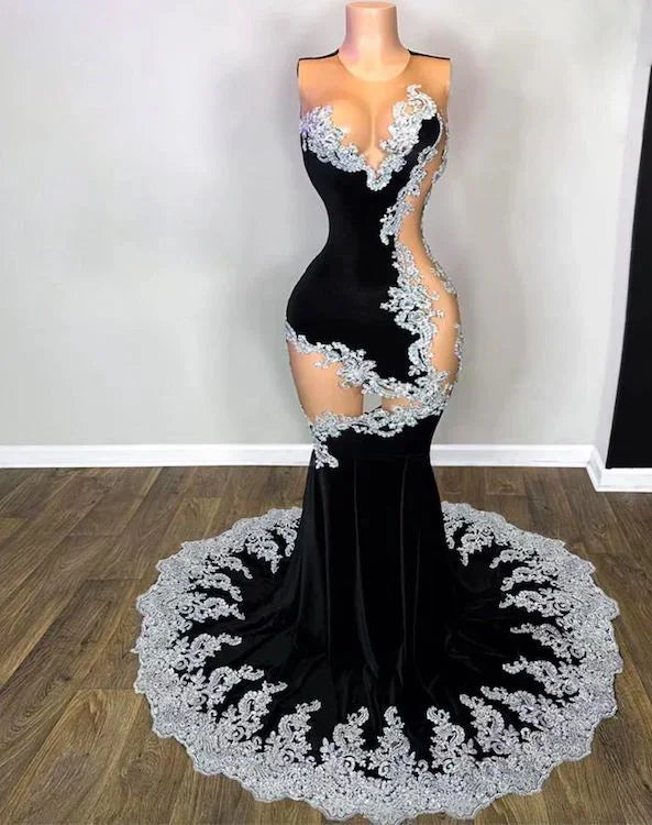Abiti da sera neri Abiti formali sensuali Abiti da sera con applicazioni in pizzo Abiti per occasioni formali Y5988