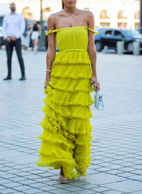 Robe longue élégante pour cérémonie femme, épaules dénudées, plissée et à volants, robe de soirée femme sur mesure Y5086
