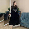 Abiti da sera formali in velluto nero per donna, scollo a V, maniche lunghe, perline, fondo in tulle bianco, abiti da festa Y4852