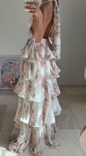 Abito da sera elegante in chiffon stampato floreale a linea ad A, senza schienale, scollo a V, con collo all'americana e strati, modello Y8501