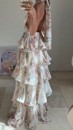 Abito da sera elegante in chiffon stampato floreale a linea ad A, senza schienale, scollo a V, con collo all'americana e strati, modello Y8501
