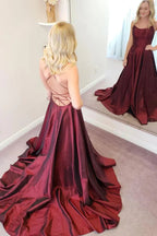 Vestido longo simples em linha A, sem costas, com alças finas, em cetim bordô, Vestido formal de noite bordô sem costas Y224
