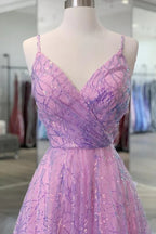 Vestido longo roxo brilhante para baile de finalistas com decote em V e costas descobertas Vestido formal roxo para cerimónia de graduação Y917