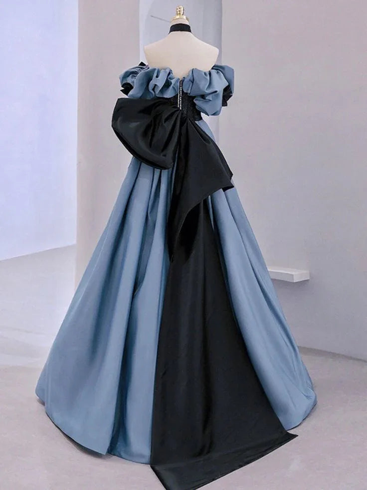 Vestido largo de gala azul satinado con encaje y hombros descubiertos vestido de noche Y5621