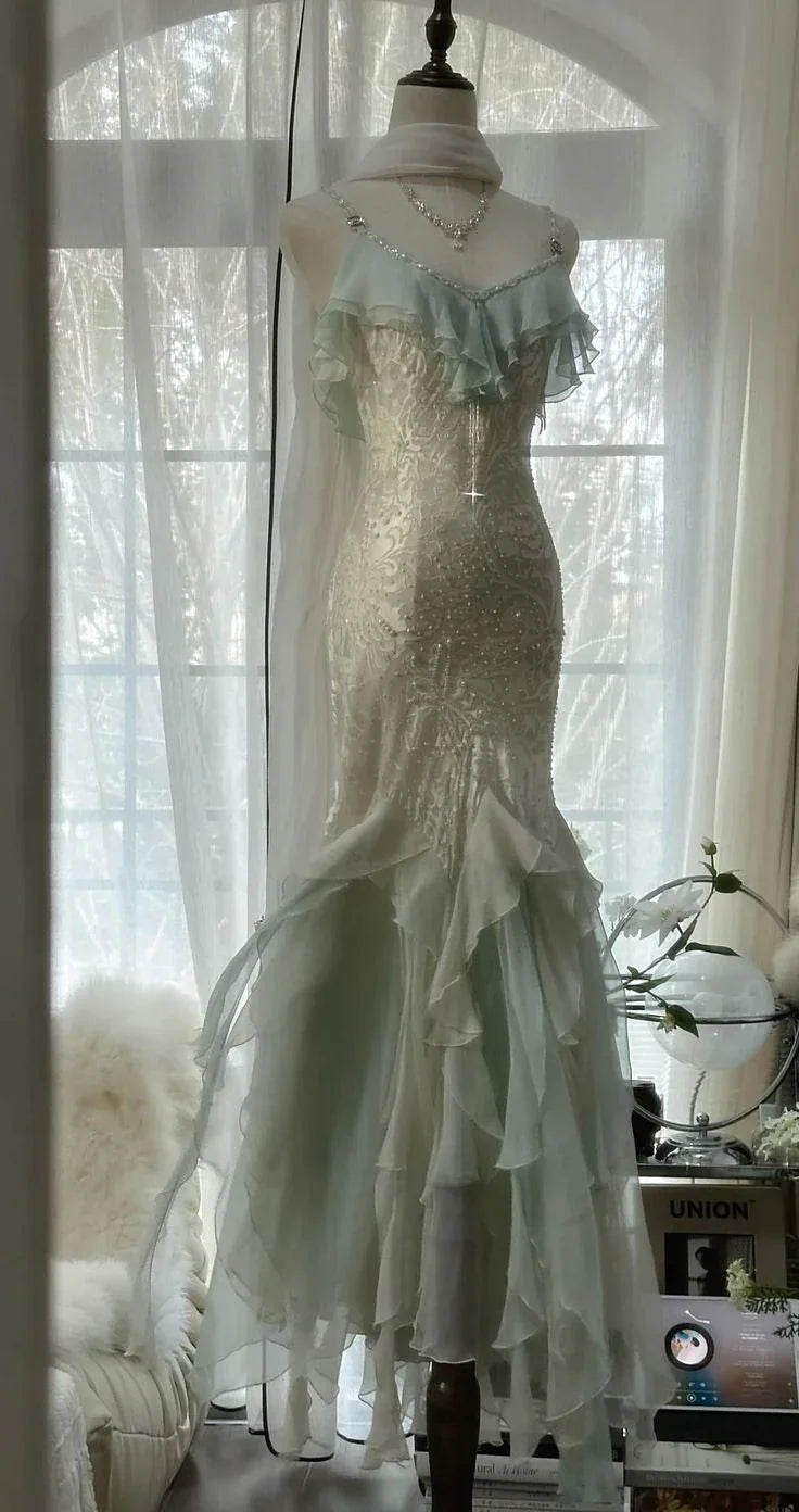 Abito da sera formale elegante verde menta temperamento sirena con spalline sottili in chiffon e perline, abito da ballo Y8546
