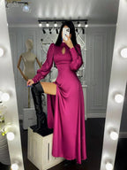 Robe de soirée longue à manches bouffantes en ligne A avec fente Y7015