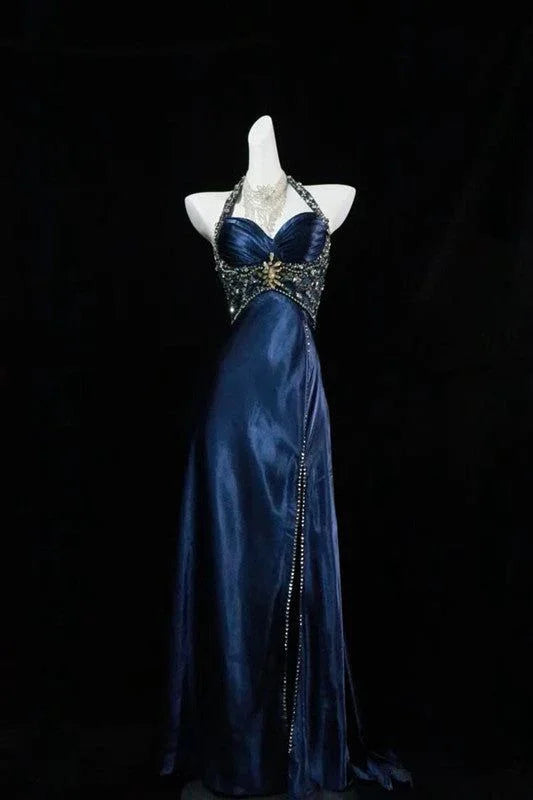 Abito da sera formale blu navy di lusso con perline e spacco Abito da ballo Y7723