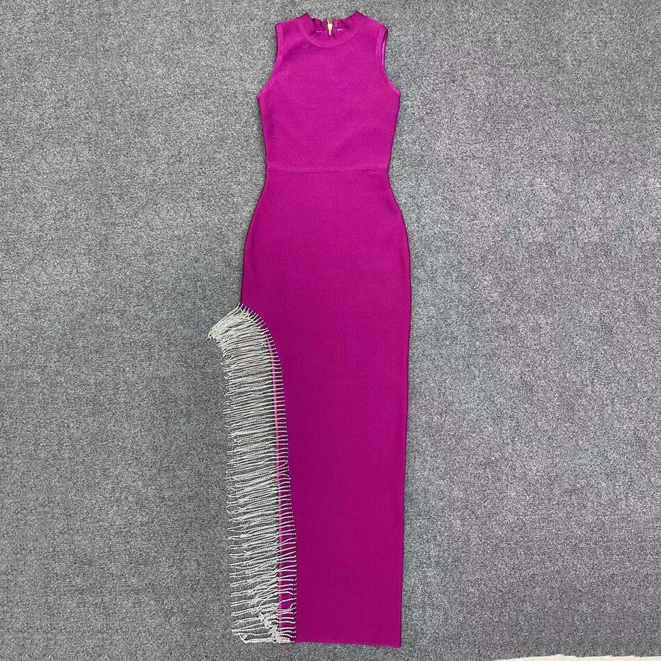Abito da donna sexy lucido con spacco, frange e fasce, elegante abito lungo da sera Y407