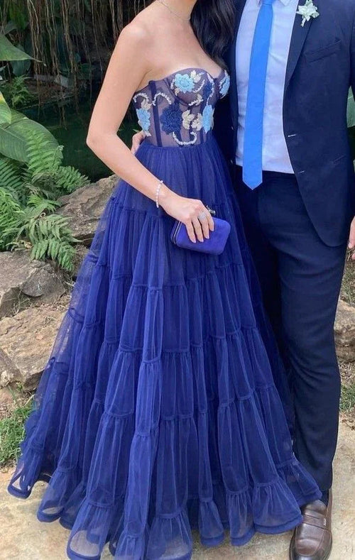 Robe de bal longue bleu marine en ligne A, populaire, décolleté cœur, robe de soirée en tulle Y5378