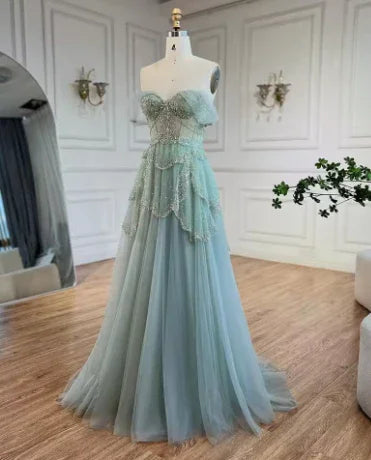 Abito da sera formale verde salvia a linea ad A con spalle scoperte, tulle e perline, abito da ballo Y8157