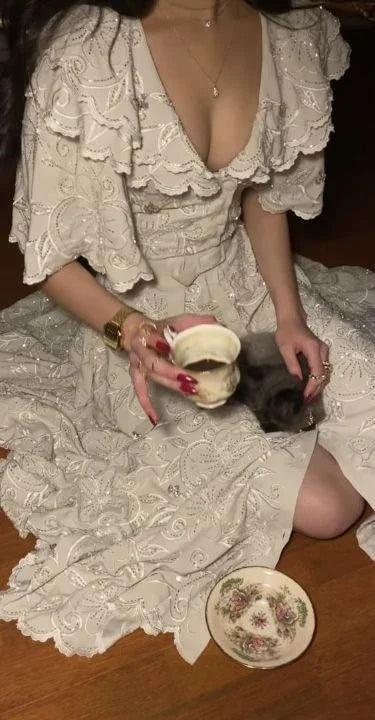 Robe de soirée fendue en satin vintage ornée de perles et de paillettes, col en V, robe de bal formelle Y8402
