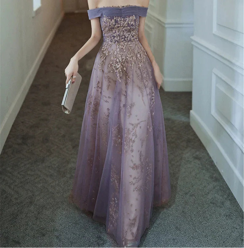 Abito da sera lungo viola sognante con spalle scoperte Abito elegante da banchetto senza maniche Abito da festa Abito da cerimonia per ragazza Y4286