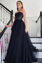 Vestido de Gala Longo Preto de Tule e Renda Sem Alças, Vestido de Noite Preto de Renda, Vestido de Noite Preto Y205