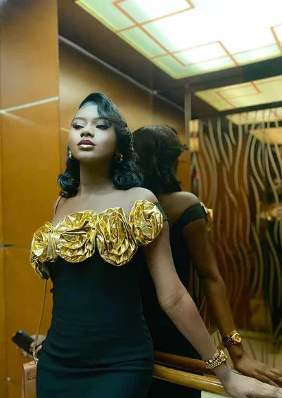 Vestido longo de noite preto descaído com flores, modelo sereia, Y8476