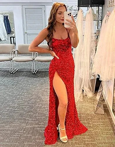 Vestidos de Baile com Lantejoulas Brilhantes Vestido Formal com Fenda Alta Vestido de Noite Azul Real Y75